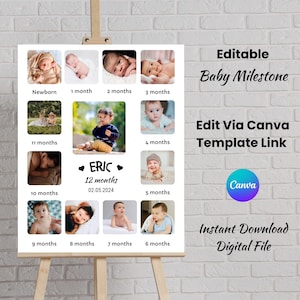 Poster modificabile per le tappe fondamentali del bambino, modello Canva per cartello del primo compleanno, stampabile per il primo compleanno, pannello per collage di foto, download digitale per bambini