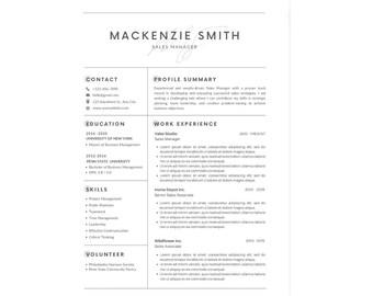 May include: A black and white resume for Mackenzie Smith, a Sales Manager. The resume includes contact information, education, work experience, skills, and volunteer experience.