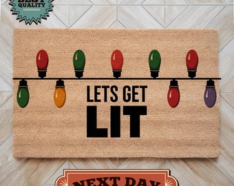 Lets Get Lit Christmas Doormat, Holiday Lights Outdoor Mat
