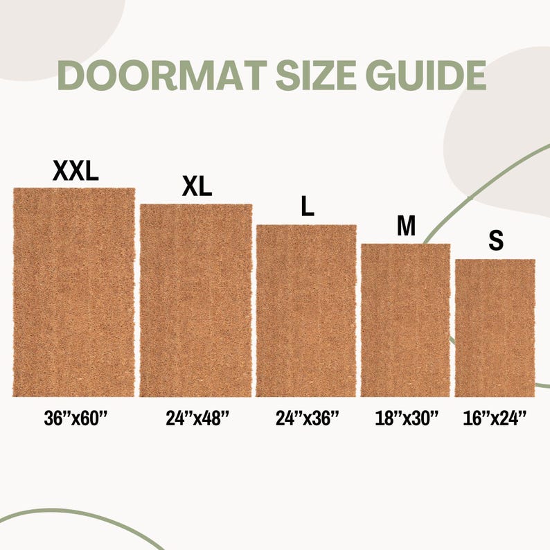 May include: Doormat size guide with five different sizes: XXL (36"x60"), XL (24"x48"), L (24"x36"), M (18"x30"), and S (16"x24").
