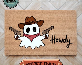Ghost Cowboy Howdy Doormat, Halloween Decor, Fall Decor, Welcome Mat, Housewarming Gift, Front Door Mat, Halloween Doormat, Halloween Decor