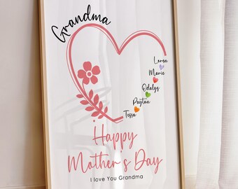 Custom Mother's Day Framed Wall Art, Floral Wall Art, Custom Name Print, Gift for Mother, Family Print, Mother's Day gift, Gift for Nana