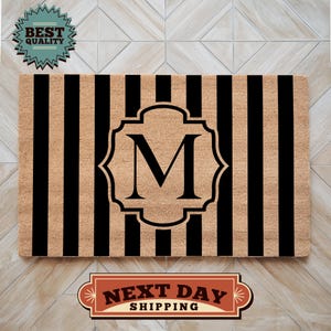 Personalized Monogram Doormat, Black Stripe Entryway Decor