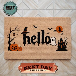 Hello Halloween Doormat, Spooky Porch Decor, Fall Welcome Mat,