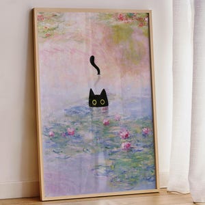 May include: A black cat with yellow eyes peeks out of the water in a painting inspired by Claude Monet's Water Lilies. The water is a soft blue and purple with pink water lilies floating on the surface.