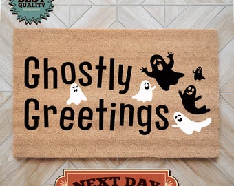 Ghostly Greetings Halloween Doormat, Fall Decor, Halloween Decor, Halloween Gift, Porch Decor, Funny Gift, Ghost Doormat, Housewarming Gift