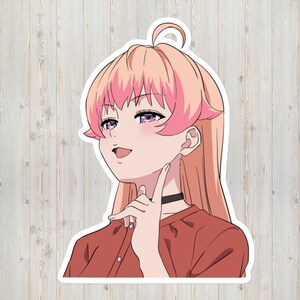 May include: A digital illustration of a pink-haired anime character with purple eyes, wearing a red shirt and a black choker. The character is smiling and looking to the side, with one hand on their chin.