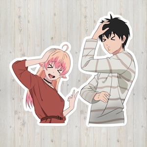 May include: Two anime characters, a girl with pink hair and a boy with black hair, are both holding their heads in their hands with a surprised expression on their faces.