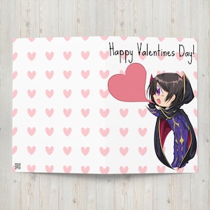 May include: A Valentine's Day card featuring an anime-style character holding a pink heart speech bubble. The card has a white background with pink hearts and the text "Happy Valentines Day!"