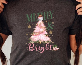 Merry & Bright Christmas Disco Tshirt, Cowboy boots coquette aesthetic Pink Christmas