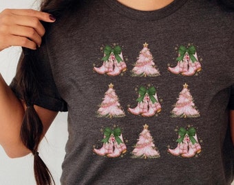 Cowboy Boots & Christmas tree Womens Tshirt, Coquette, Coquette Bow Trend, Pink Christmas