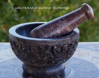 FLOWER GARDEN Carved Soapstone Mortar & Pestle - Crafting Herb Spice Incense Grinding Preparation Tool, Kitchen Witchery, Witchcraft