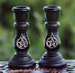 BLACK SABBATH™ Elegant Witch's Pentacle Mini Chime Spell Candle Holders, Set of 2 Glossy Black Wooden 3' Tall Candlesticks 