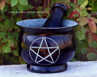 WITCH'S PENTACLE Large Black Soapstone Mortar & Pestle - Crafting Herb Spice Incense Grinding Preparation Tool, Kitchen Witchery, Witchcraft
