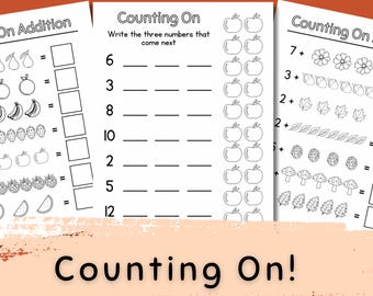 May include: Black and white printable worksheet with the title "Counting On" and instructions to write the next three numbers in a sequence. The worksheet includes a column of numbers and a column of apples.