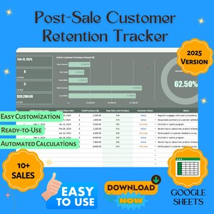 May include: A colorful infographic with the title "Post-Sale Customer Retention Tracker" and the text "2025 VERSION" in a yellow circle. The infographic includes a bar chart, a table, and a pie chart. The pie chart shows a percentage of 62.50%. The infographic is designed to help businesses track customer retention.