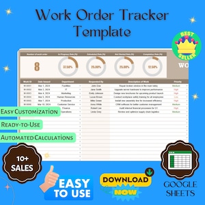 May include: A green and white work order tracker template for Google Sheets. The template includes a progress bar, a scheduled rate, a not started rate, and a completion rate. The template also includes a list of work orders, dates issued, departments, requested by, description of work, and priority.