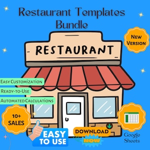 Puede incluir: Ilustración de una fachada de restaurante con el texto "Restaurant Templates Bundle". Incluye "Easy Customization", "Ready-to-Use" y "Automated Calculations". Incluye una insignia de "New Version" y un botón de "Download Now".