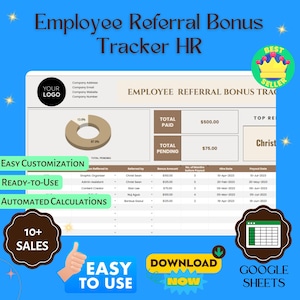 May include: A brown and white chart with the title "Employee Referral Bonus Tracker HR". The chart shows the total paid and total pending referral bonuses. The chart also includes a pie chart showing the percentage of referrals that are pending and paid. The chart is labeled with the text "Easy Customization", "Ready-to-Use", and "Automated Calculations".