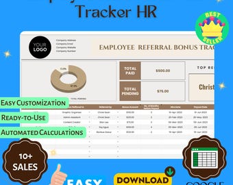 Mitarbeiterempfehlungsbonus-Tracker-Vorlage, bearbeitbare Google-Arbeitsblätter, HR-Incentiveprogramm-Kontoführungswerkzeug