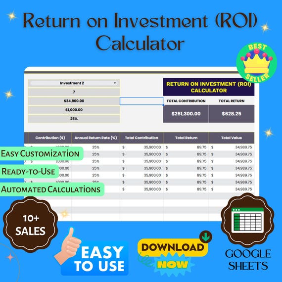 Return on Investment (ROI) Calculator Template, Editable ROI