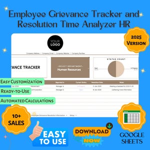 May include: A Google Sheets template for tracking employee grievances and analysing resolution times. The template features a status count chart, a table for recording grievance details, and a section for automated calculations. The template is labelled "Easy Customization", "Ready-to-Use", and "Automated Calculations".