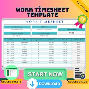 Plantilla de hoja de horas de Google Sheets: Horas semanales de los empleados (descarga digital)