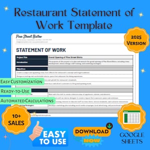 Modèle d'énoncé des travaux du restaurant, formulaire d'accord SOW, document sur la portée des travaux du restaurant, modèle de contrat Google Sheets