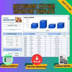 May include: A restaurant kitchen inventory template with a blue and white design. The template includes sections for inventory overview, value per category, and a search bar. The template is designed for use with Google Sheets and Google Drive.