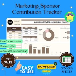 Può includere: Un grafico a torta marrone e rosa con il titolo "Marketing Sponsor Contribution Tracker" e il testo "Pending 11.4%" e "Confirm 82.7%". Il grafico è diviso in tre sezioni: Pending, Confirmed e Received. Il grafico è circondato da una tabella con le intestazioni "Status", "Amount", "Acknowledgement" e "Amount". La tabella contiene dati sullo stato dei contributi degli sponsor di marketing. La tabella è circondata da uno sfondo verde e blu con il testo "Easy Customization", "Ready-to-Use", "Automated Calculations", "10+ Sales", "Easy to Use", "Download Now" e "Google Sheets".