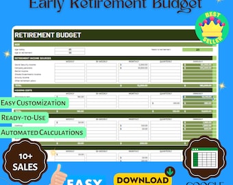 Plantilla de presupuesto para jubilación anticipada, Hojas de cálculo de Google editables para planificación financiera, seguimiento de ingresos y gastos, análisis de inversiones