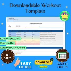 Downloadable Workout Template, Editable Google Sheets, Digital Fitness Planner for Exercise Tracking & Goal Management