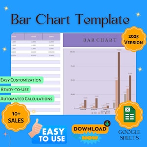 May include: A bar chart template in a Google Sheets spreadsheet format. The chart shows data for 2022, 2023, and 2024. The chart is titled "Bar Chart" and the template is labeled "2025 Version". The template is labeled "Easy Customization", "Ready-to-Use", and "Automated Calculations". The template is also labeled "10+ Sales".