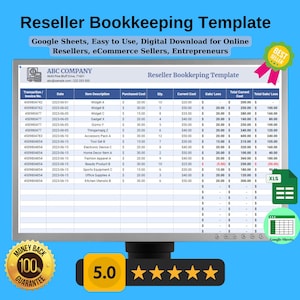 Könnte beinhalten: Ein Computerbildschirm zeigt eine Google Sheets-Tabelle mit einer Buchhaltungsvorlage für Wiederverkäufer. Die Tabelle enthält Spalten für Transaktionsnummer, Datum, Artikelbeschreibung, Anschaffungskosten, Menge, aktuelle Kosten, Gewinn/Verlust, Gesamt aktuelle Kosten und Gesamt Gewinn/Verlust. Die Tabelle ist mit "Wiederverkäufer-Buchhaltungsvorlage" betitelt.