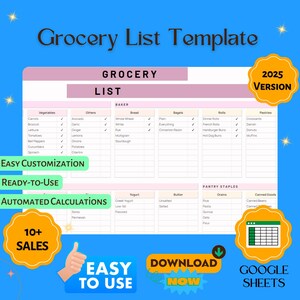 Grocery List Template, Editable Google Sheets, Easy-to-Use, Digital Download for Meal Planning, Shopping, and Budgeting