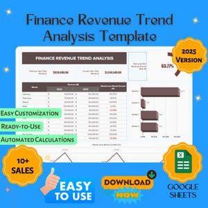 May include: A Google Sheets template for analyzing finance revenue trends. The template includes a table with columns for month, revenue, and month-over-month growth. The template also includes a chart that shows the revenue trend over time. The template is labeled "Finance Revenue Trend Analysis Template" and "2025 Version".