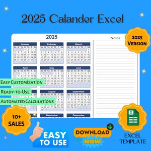 2025 Calendar Excel Template, Editable Yearly Planner, Google Sheets Monthly Schedule, Digital Calendar Download