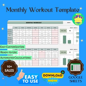 Monthly Workout Template, Editable Google Sheets, Digital Download for Fitness Scheduling & Progress Tracking