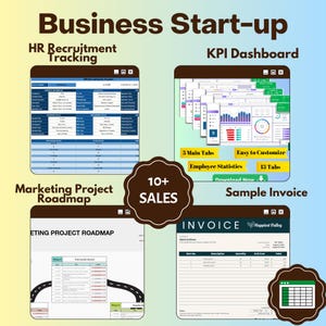 May include: A collage of four images showcasing business start-up resources. The top left image shows an HR recruitment tracking spreadsheet. The top right image shows a KPI dashboard with 5 main tabs and 15 tabs total. The bottom left image shows a marketing project roadmap with phases 1, 2, and 3. The bottom right image shows a sample invoice with the text "Happiest Valley".