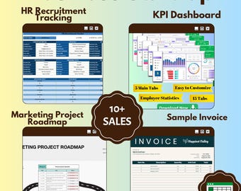 Pakket met Google Sheets-sjablonen voor startende ondernemers | HR-recruitmenttracker, KPI-dashboard, marketingroadmap, factuur en sjabloon voor kleine ondernemers