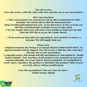 May include: A digital download listing with text on a gradient background. The text includes information about receiving a PDF file with a link to a spreadsheet, download instructions, and copyright information. The listing is from Studio Samhar Digital.