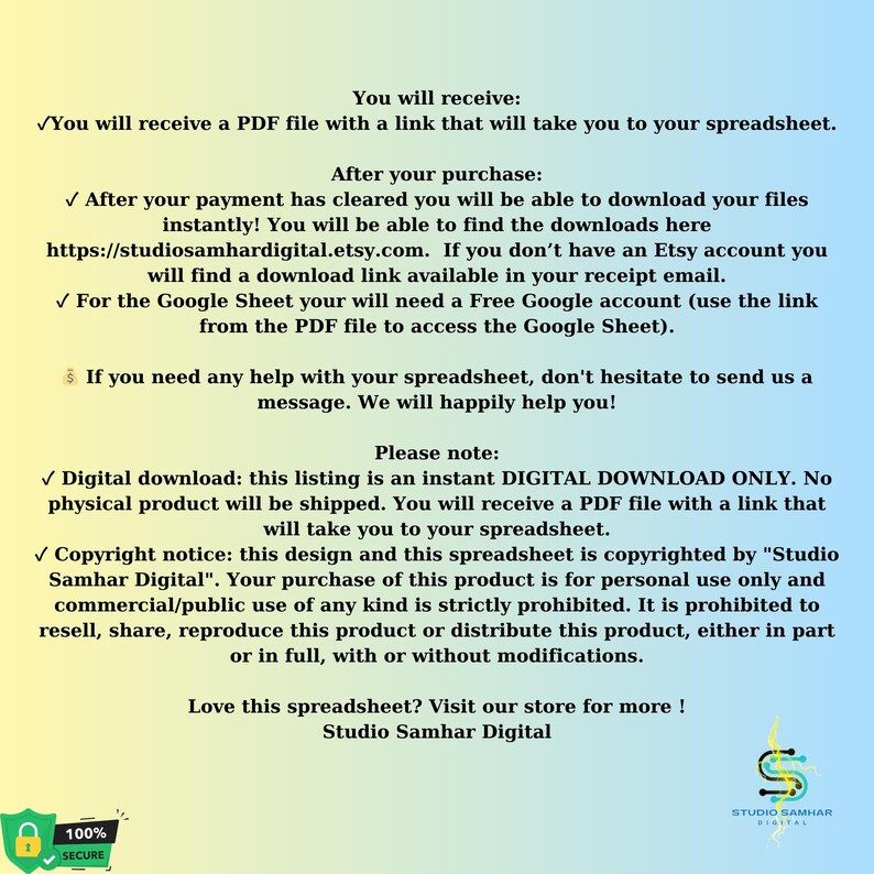 May include: A digital download listing with text on a gradient background. The text includes information about receiving a PDF file with a link to a spreadsheet, download instructions, and copyright information. The listing is from Studio Samhar Digital.
