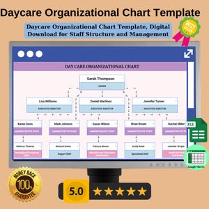 May include: A digital template for a daycare organizational chart. The chart shows the staff structure and management of a daycare, with the owner at the top and different levels of staff below. The chart is displayed on a computer screen with a money back guarantee and a 5-star rating.