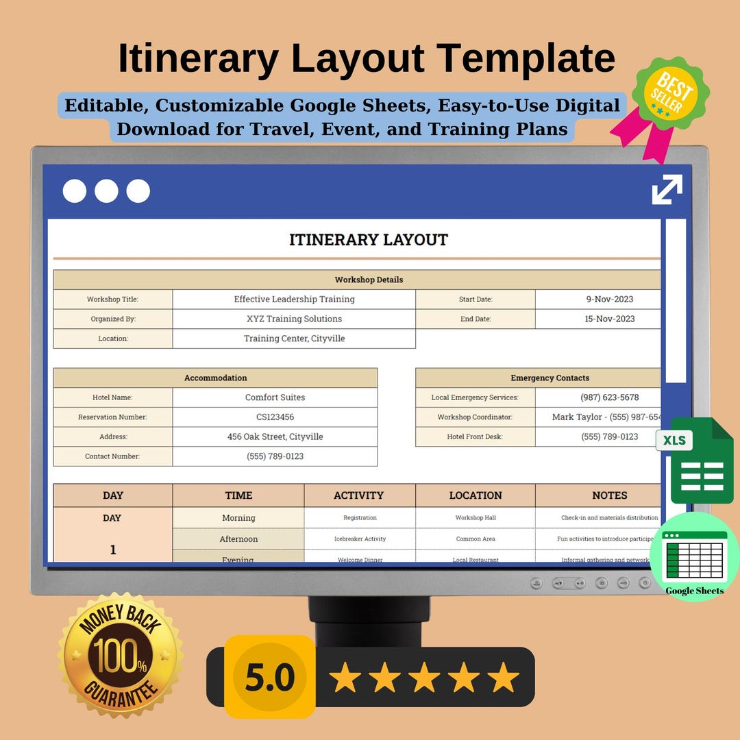 Editable Itinerary Layout Template for Travel, Events, and Training ...