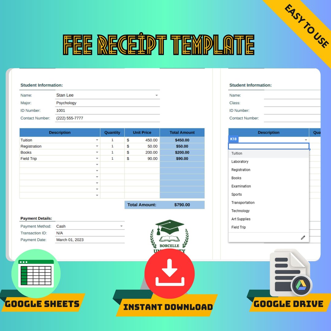 Fee Receipt Template, Google Sheets Payment Record, Digital Download ...