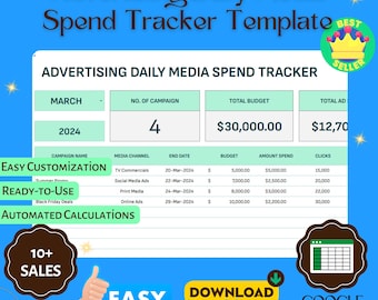 Plantilla de seguimiento diario de gastos en medios publicitarios, Google Sheets, Seguimiento de presupuestos de campañas de marketing