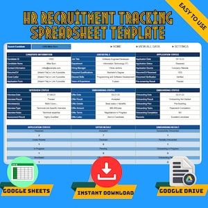 May include: A spreadsheet template for HR recruitment tracking. The template includes sections for candidate information, job details, application status, interview status, onboarding status, offer result, and onboarding result. The template is designed for use with Google Sheets and Google Drive.