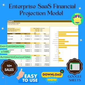 May include: A colourful graphic with the text "Enterprise SaaS Financial Projection Model" in a white box with a blue background. The graphic also includes the text "Cloud 9" in a blue box with a white background. The graphic also includes the text "Easy Customization", "3 Tabs", "Automated Calculations", "10+ Sales", "Easy to Use", "Download Now", and "Google Sheets".