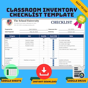 Könnte beinhalten: Eine Klassenzimmer-Inventar-Checklistenvorlage in einem blau-weißen Farbschema. Die Checkliste enthält Kategorien für Möbel und Technologie mit Spalten für Artikel, Menge, Häkchen (J/N) und Notizen. Die Vorlage ist für den Einsatz in einer Schulumgebung konzipiert.