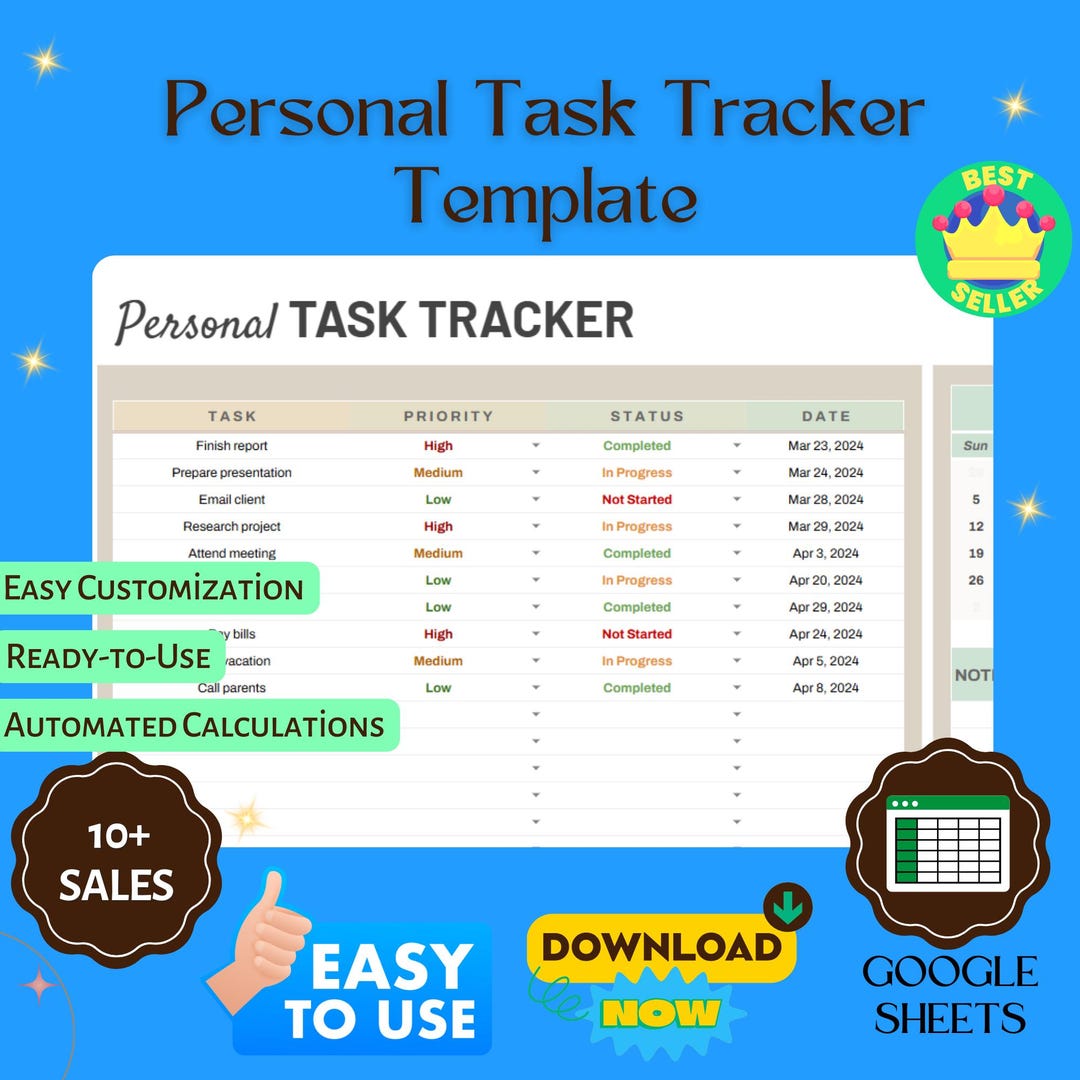 Personal Task Tracker Template: Editable Google Sheets (PDF) - Etsy